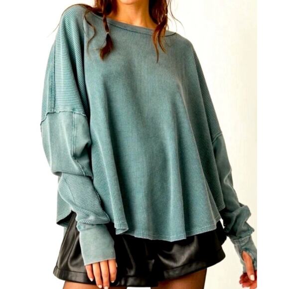 Free People Tops - Free People Green Microphone Drop Thermal Top XS Waffle Knit Relaxed Oversized